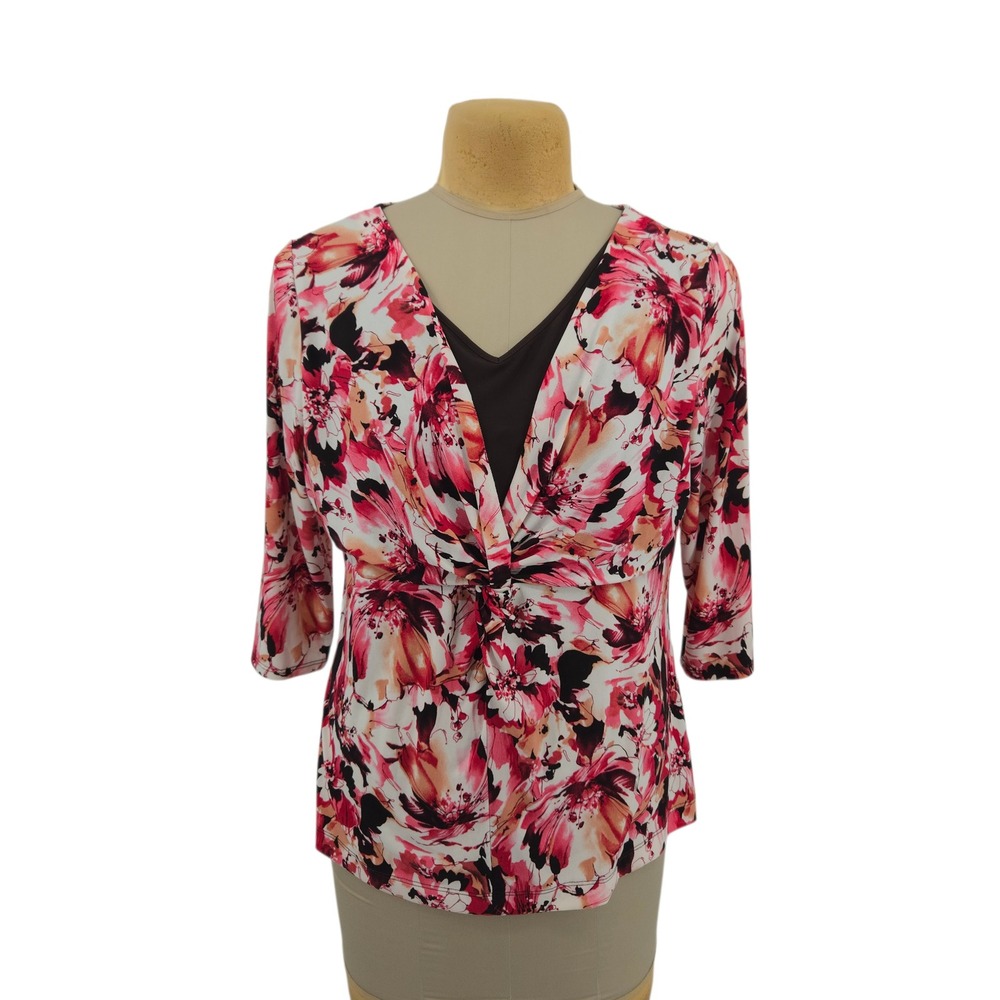 East 5th Floral V-Neck Faux Wrap Top Pink Brown White XL Stretch Casual‎ Career